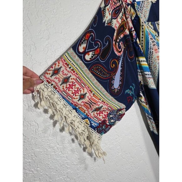 Umgee Paisley Kimono Hippie Chic Duster Open Front Lace Crochet Trim Boho S/M - Picture 3 of 6